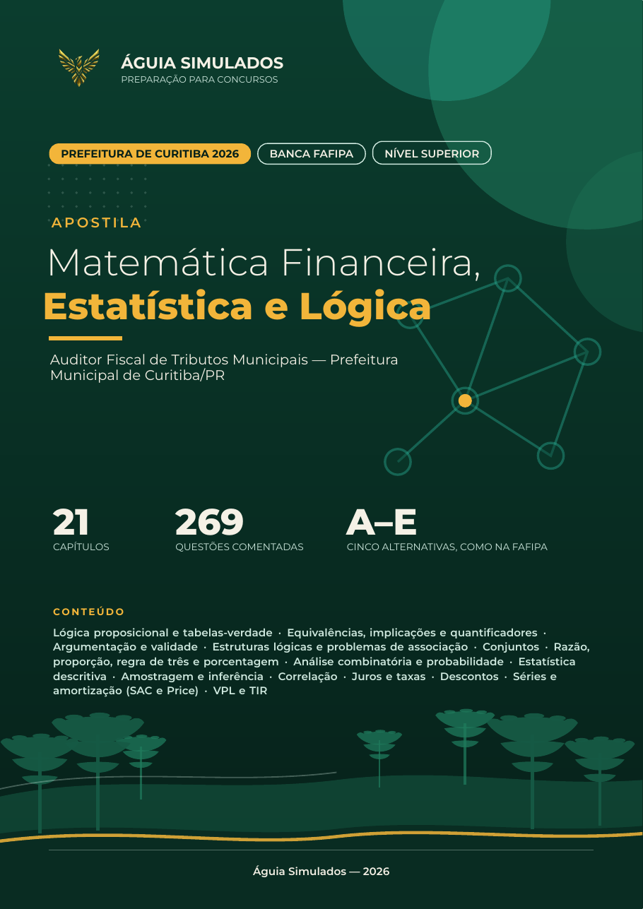 Capa da Apostila de Matemática Financeira, Estatística e Lógica — Curitiba/PR 2026