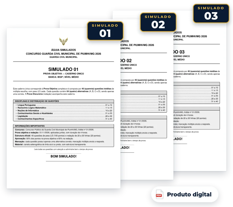 Capas dos Simulados 01 a 03 — Guarda Civil Municipal de Piumhi/MG 2026