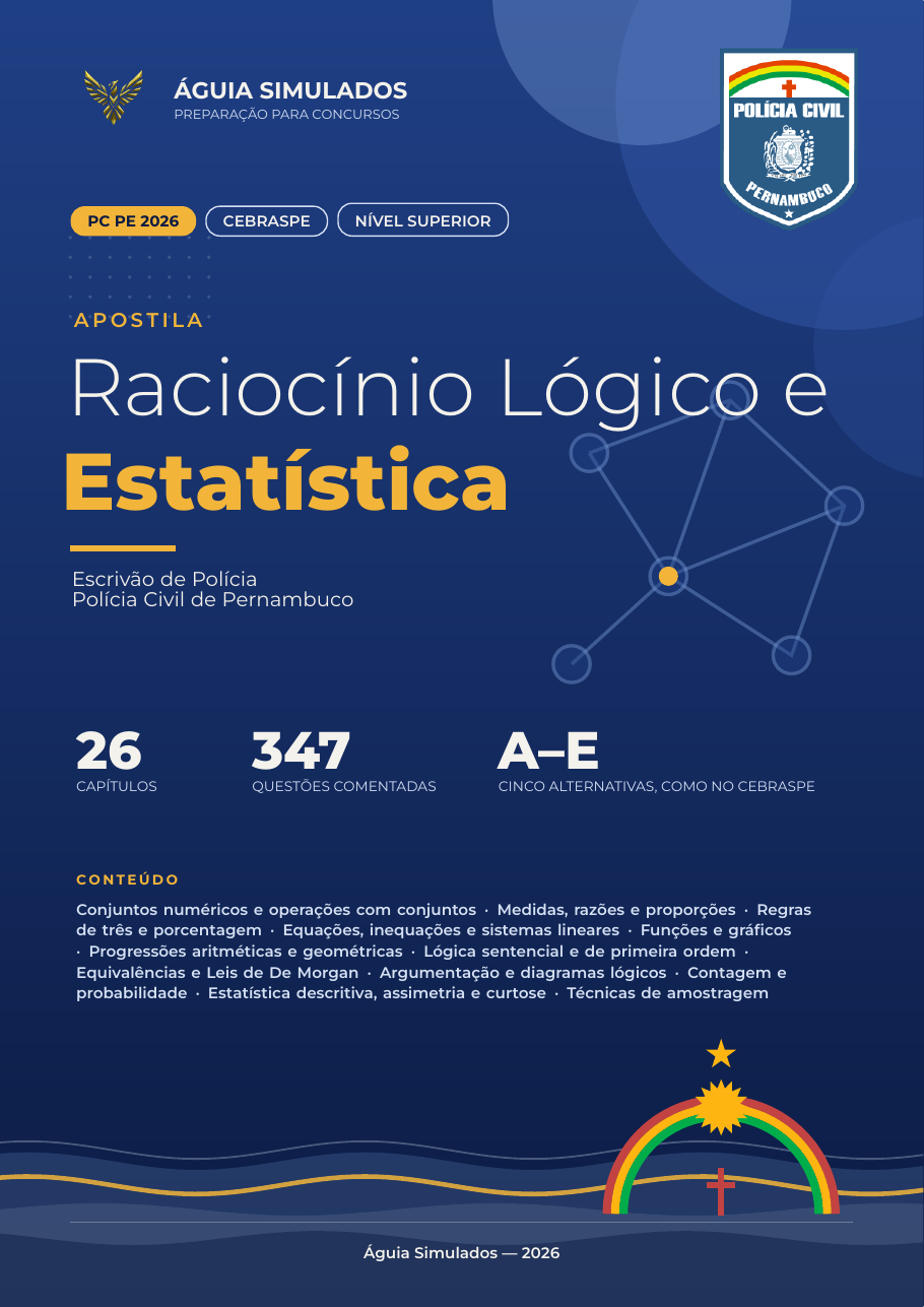 Capa da Apostila de Raciocínio Lógico e Estatística — PC PE 2026, Escrivão de Polícia
