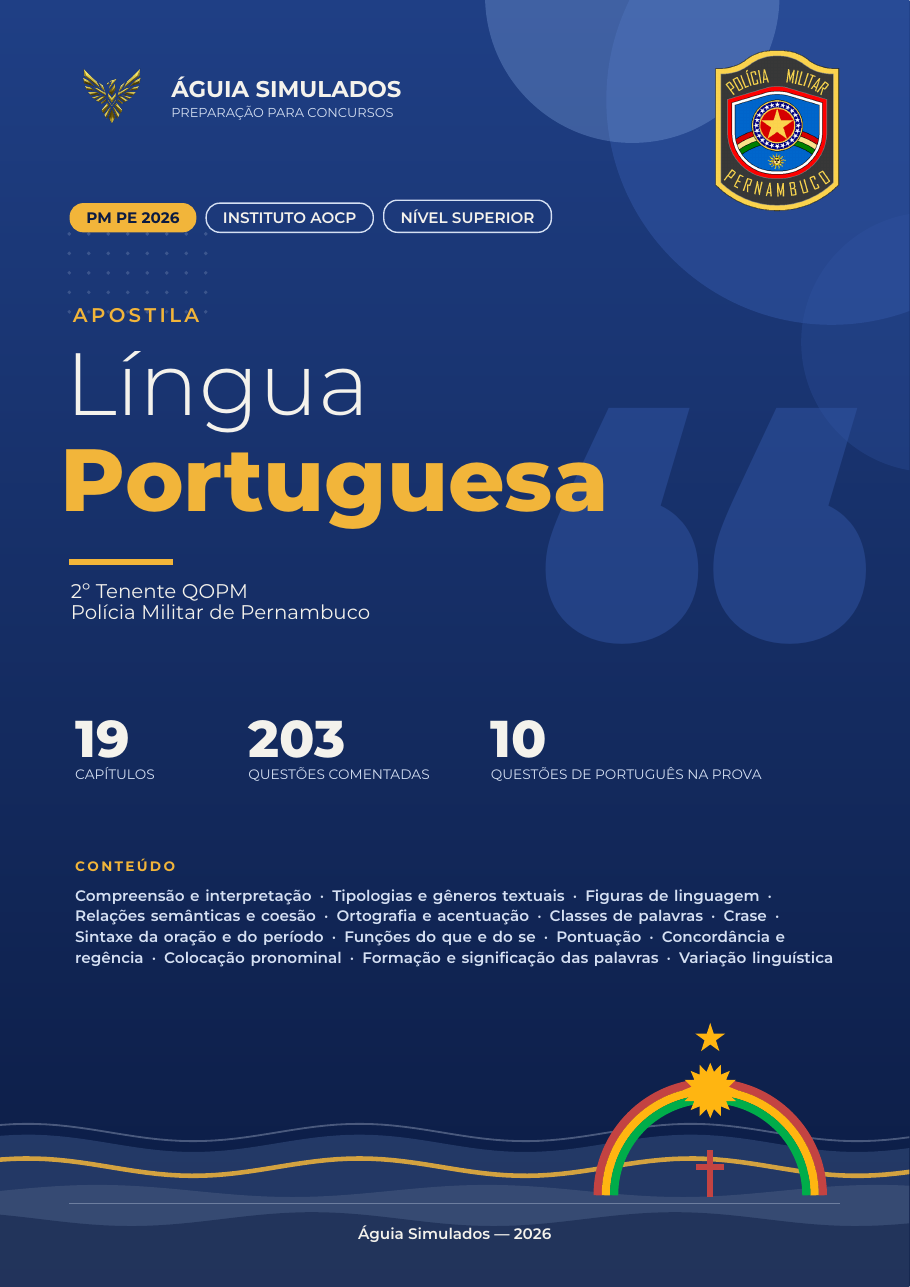 Capa da Apostila de Língua Portuguesa — PM PE 2026, 2º Tenente QOPM