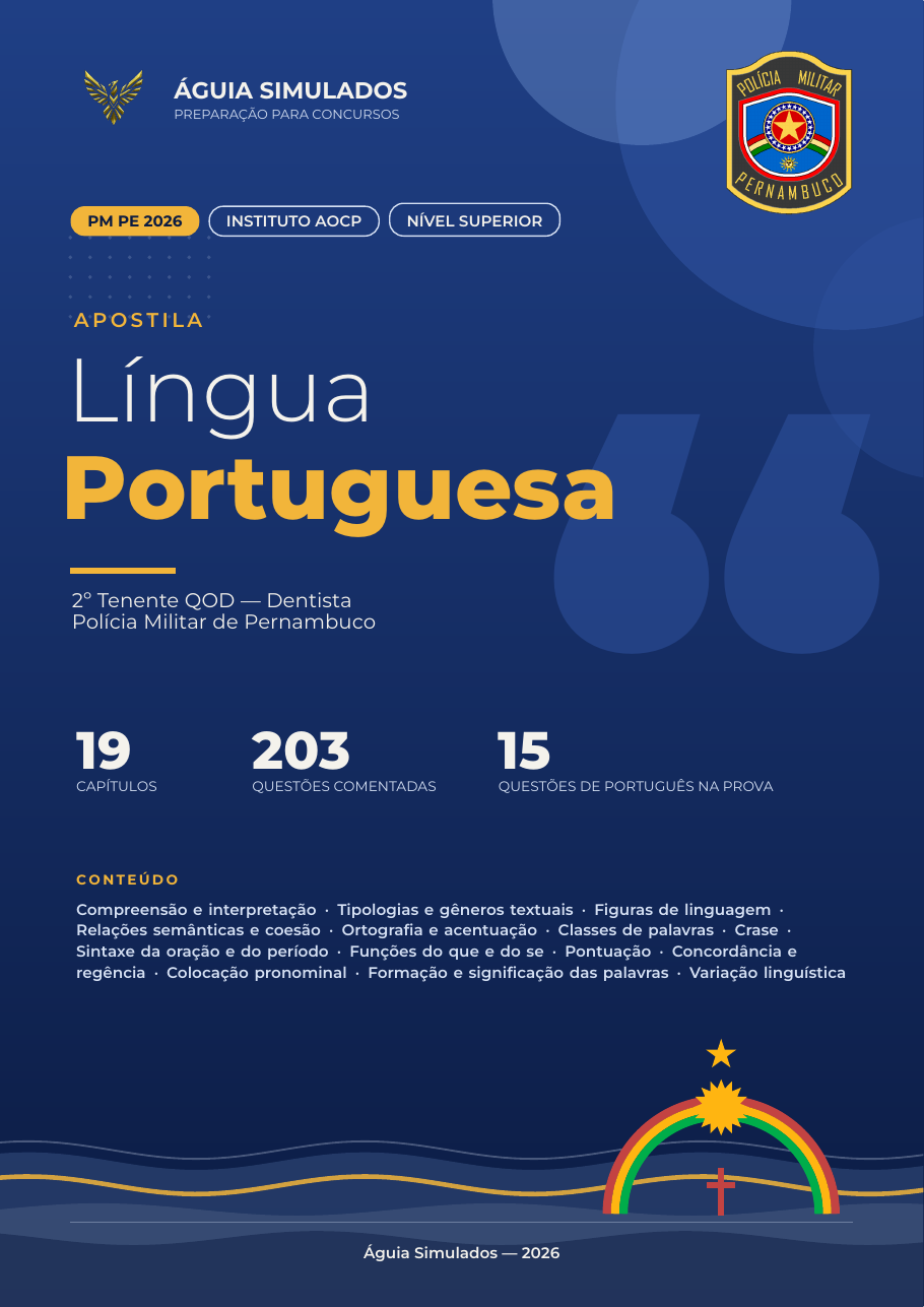 Capa da Apostila de Língua Portuguesa — PM PE 2026, 2º Tenente QOD — Dentista