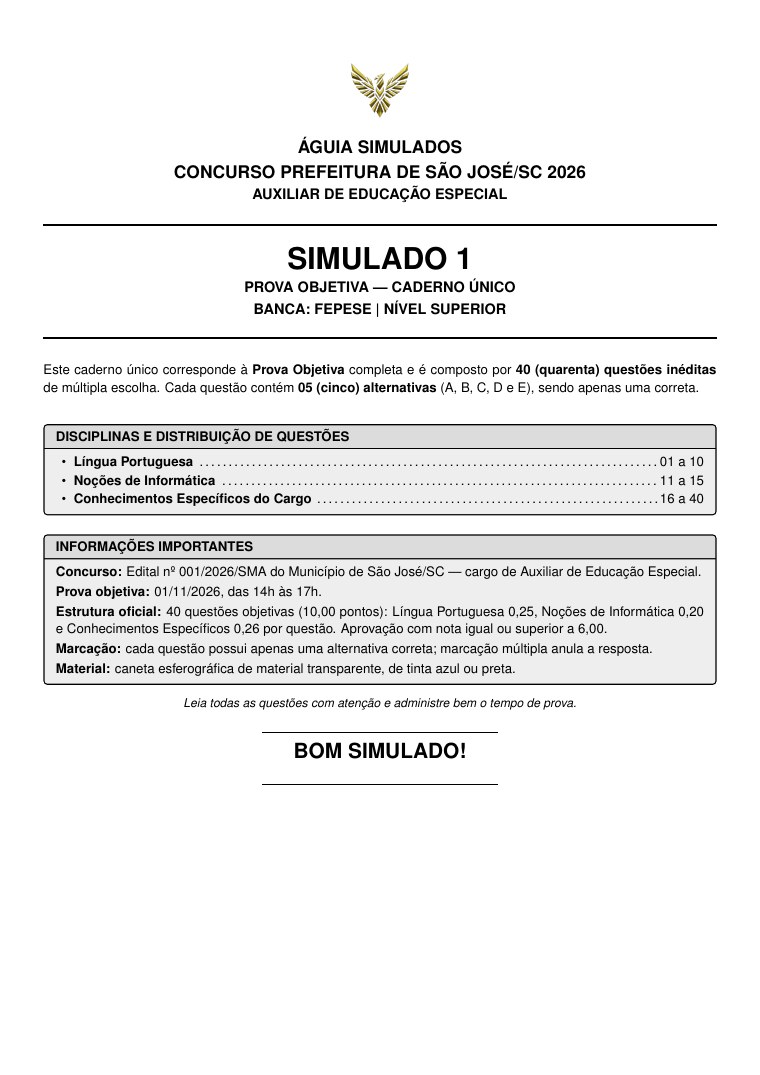 Capa do caderno do Simulado 01, prova objetiva de Auxiliar de Educação Especial – São José/SC 2026
