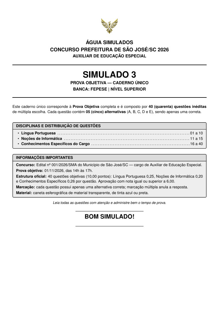 Capa do caderno do Simulado 03, prova objetiva de Auxiliar de Educação Especial – São José/SC 2026