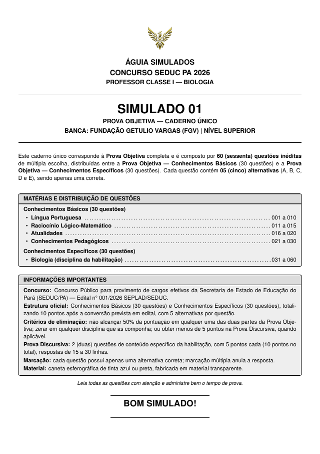 Capa do Simulado 01 — Professor de Biologia, SEDUC PA 2026