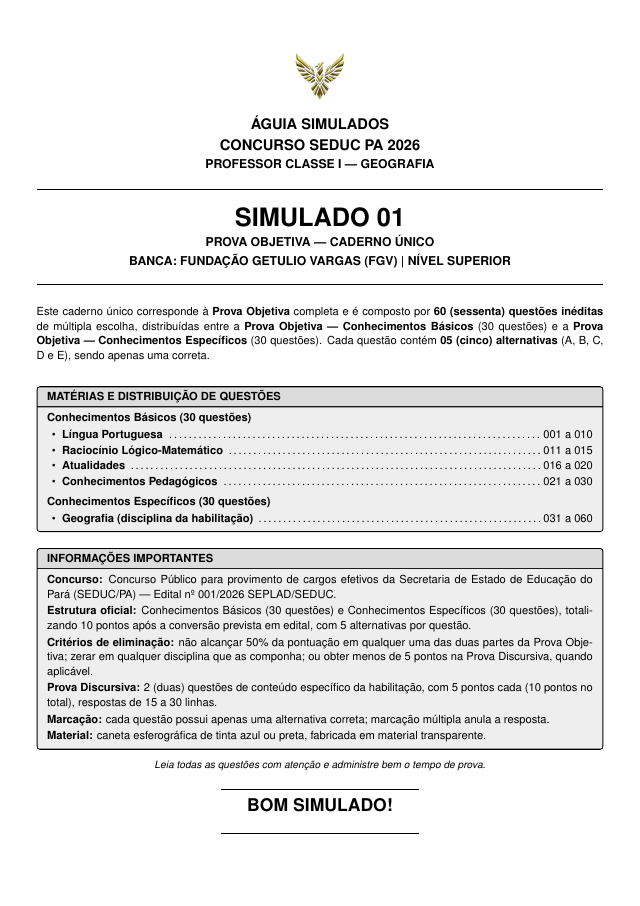 Capa do Simulado 01 — Professor de Geografia, SEDUC PA 2026