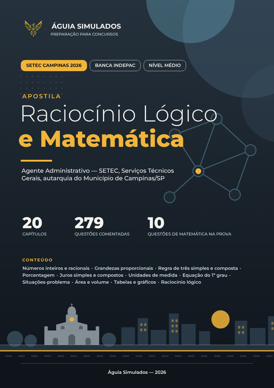 Capa da Apostila de Raciocínio Lógico e Matemática — Agente Administrativo, SETEC Campinas/SP 2026