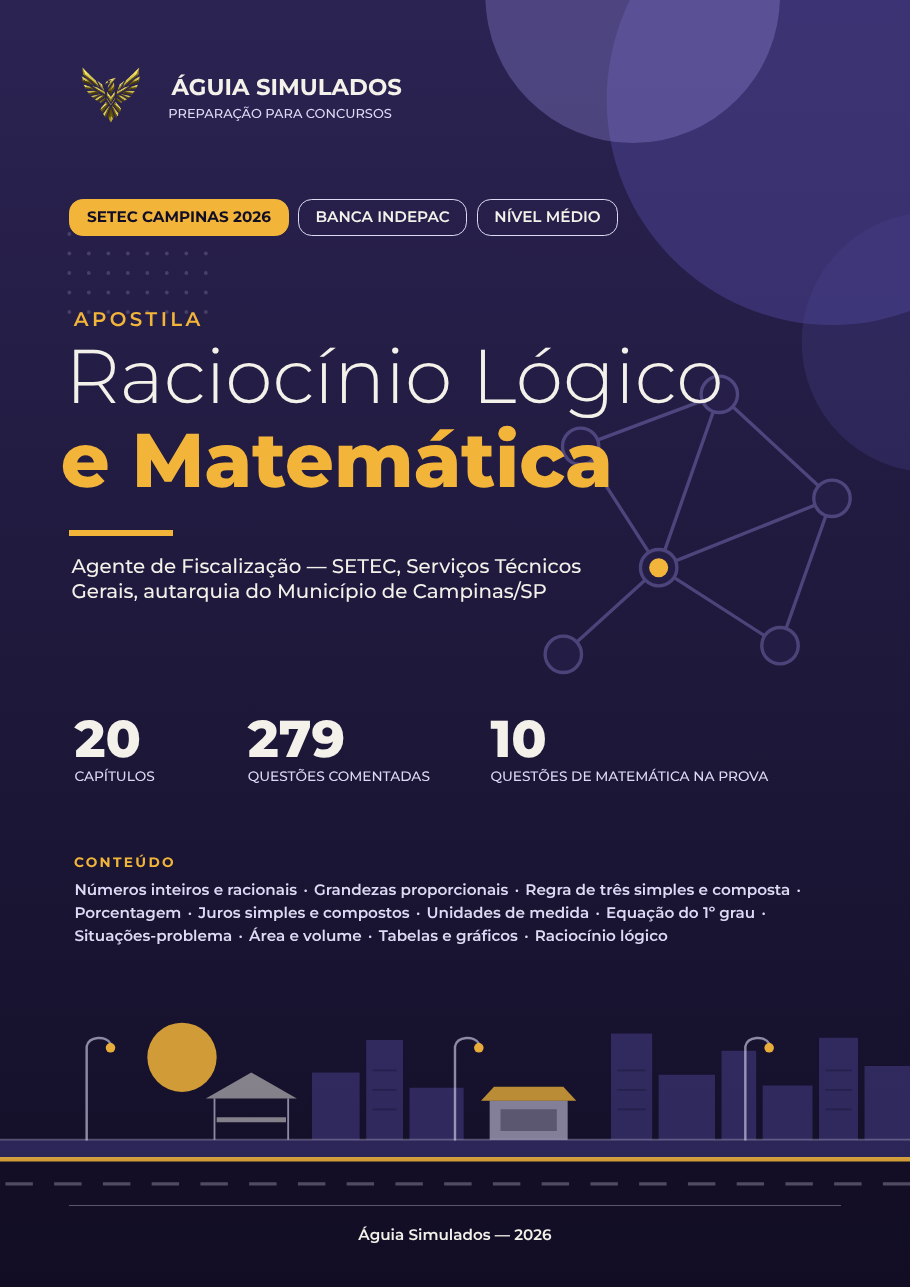 Capa da Apostila de Raciocínio Lógico e Matemática — Agente de Fiscalização, SETEC Campinas/SP 2026
