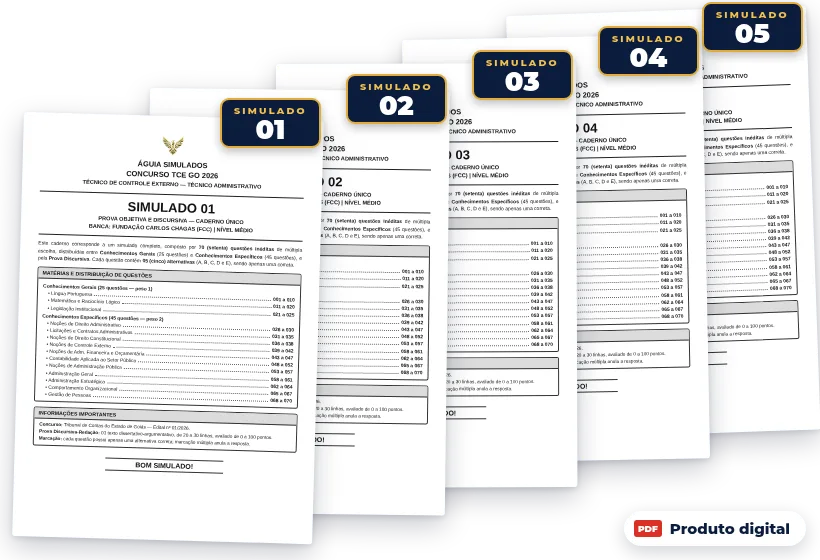 Capas dos Simulados 01 a 05 — Técnico de Controle Externo, Técnico Administrativo, TCE GO 2026