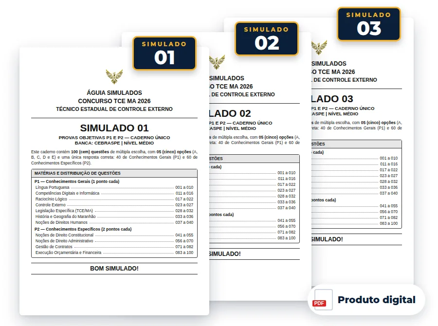 Capas dos Simulados 01 a 03 — Técnico Estadual de Controle Externo, TCE MA 2026